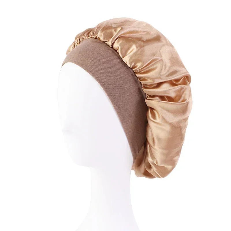Women Satin Bonnet Hair Bonnet for Sleeping Hair Care Silk Bonnets Solid Wide-Brimmed Sleeping Hat with Elastic Soft Band